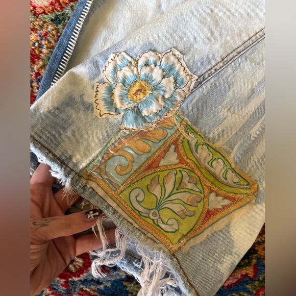 Johnny Was patchwork silk floral Wide Leg Jeans Size 32 - Picture 5 of 14